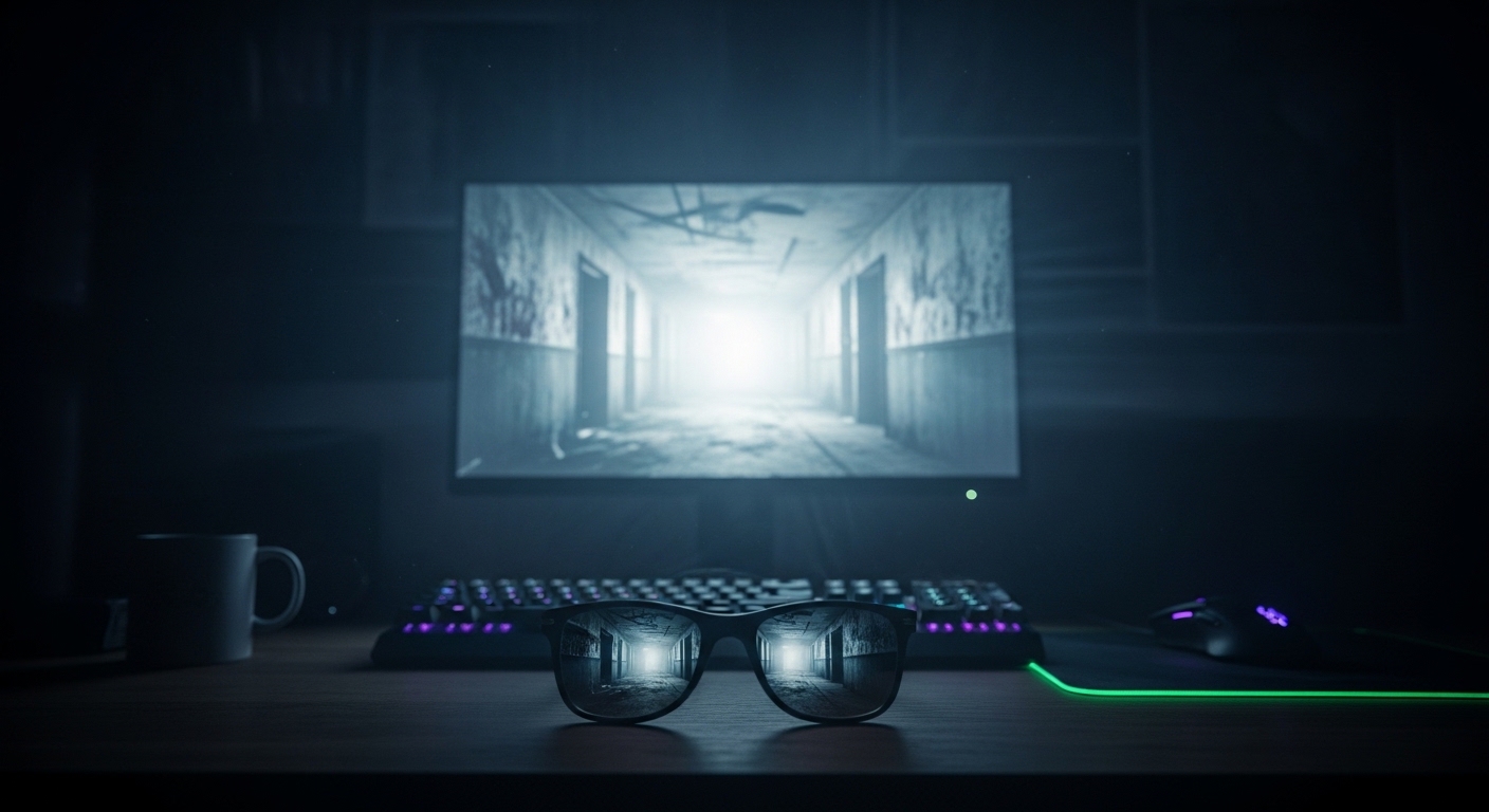 A moody gaming setup featuring a spooky hallway in one of many popular horror games